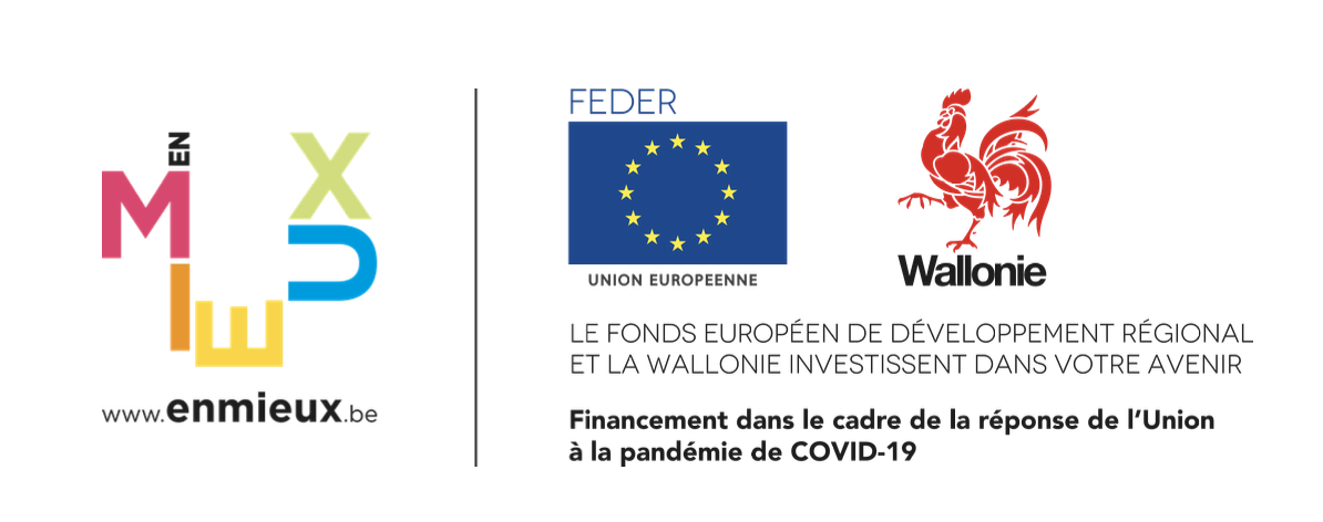 Logo de ENMIEUX, FEDER UE et Wallonie pour le financement durant le Covid-19