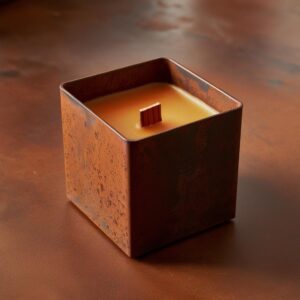 Bougie carrée en acier corten remplie de cire et une mèche en bois