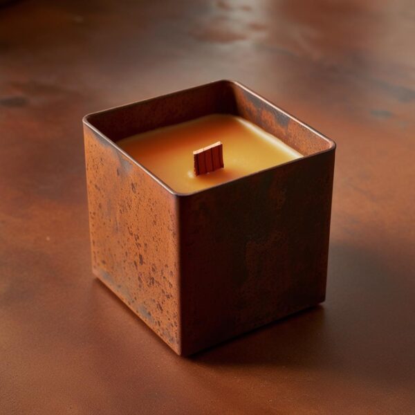 Bougie carrée en acier corten remplie de cire et une mèche en bois