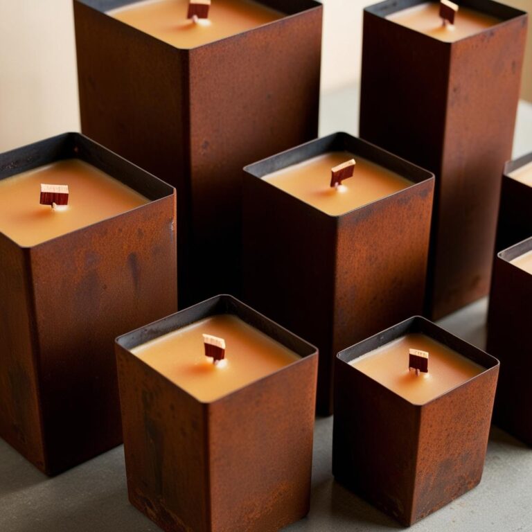 Bougies carrées en acier corten remplie de cire et une mèche en bois